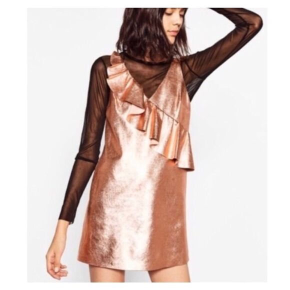 Zara Rose Gold Metallic Ruffle Mini Dress Size Medium - Picture 1 of 16